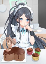 Rule 34 | 1girl, absurdly long hair, absurdres, apron, aris (blue archive), aris (maid) (blue archive), black dress, black hair, blue archive, blue eyes, blush, cake, chocolate, commentary, dress, food, frilled apron, frills, green halo, halo, highres, long hair, maid, maid apron, maid headdress, muffin, official alternate costume, ponytail, puffy short sleeves, puffy sleeves, short sleeves, solo, tomioka (r2czw), very long hair, white apron