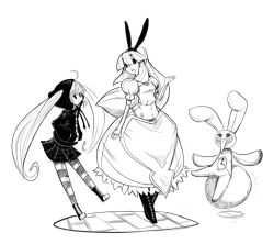 Rule 34 | 2girls, ahoge, alice (alice in wonderland), alice in wonderland, animal ears, apron, boots, clock, corset, cross-laced footwear, dress, elbow gloves, fingerless gloves, gloves, greyscale, hands in pockets, hood, hoodie, lace-up boots, long hair, madness queens, monochrome, multiple girls, original, pantyhose, plaid, plaid skirt, rabbit, rabbit ears, sho-n-d, skirt, striped clothes, striped legwear, striped pantyhose, twintails, waist apron, white rabbit (alice in wonderland)