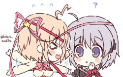 Rule 34 | &gt; &lt;, 2girls, ?, ahoge, arm ribbon, black dress, blush stickers, bow, breasts, chibi, commentary, company connection, crossover, dress, facing away, flying sweatdrops, grey hair, hair ornament, hair ribbon, hand up, haruchimo, kagari (rewrite), kamikita komari, key (company), lightning ahoge, little busters!, long ribbon, long sleeves, looking at another, medium breasts, motion lines, multiple girls, panicking, puffy short sleeves, puffy sleeves, purple eyes, red bow, red ribbon, rewrite, ribbon, short hair, short sleeves, simple background, star (symbol), star hair ornament, sweater, trait connection, twitter username, upper body, waving arms, white background, yellow sweater