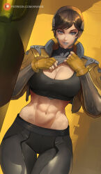 abs araneesama artist_name black_pants breasts brown_hair cropped_jacket highres large_breasts lips pants patreon_username sharen_(the_first_descendant) short_hair tagme the_first_descendant thighs toned toned_female