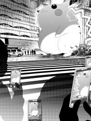 Rule 34 | building, chida daisuke, closed mouth, commentary request, creatures (company), electricity, game freak, gen 1 pokemon, giant, gigantamax, gigantamax pikachu, greyscale, holding, holding phone, monochrome, motor vehicle, nintendo, outdoors, phone, pikachu, pokemon, pokemon (creature), smile, standing