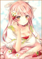 Rule 34 | 1girl, :o, bad id, bad pixiv id, border, bow, breasts, brown border, cleavage, collarbone, colored pencil (medium), flower, food, food-themed hair ornament, fruit, gradient background, hair bow, hair flower, hair ornament, large breasts, long hair, looking at viewer, marker (medium), original, pillow, pink hair, potto, potto (minntochan), puffy short sleeves, puffy sleeves, sample watermark, shirt, short sleeves, sitting, solo, strawberry, strawberry hair ornament, traditional media, watermark, white shirt, yellow eyes