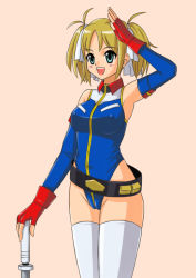Rule 34 | 1girl, blonde hair, blue eyes, breasts, fingerless gloves, gloves, gundam, gundam card builder, highleg, highleg leotard, hip focus, large breasts, leotard, looking at viewer, open mouth, red eyes, reiko holinger, short hair, short twintails, simple background, solo, thick thighs, thighhighs, thighs, twintails, white thighhighs, yokaze japan