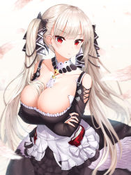 Rule 34 | 1girl, absurdres, azur lane, bare shoulders, between breasts, black dress, blush, breasts, cleavage, closed mouth, commentary request, dress, earrings, feathers, formidable (azur lane), frilled dress, frills, grey hair, hair ornament, hair ribbon, highres, huge breasts, jewelry, large breasts, long hair, long sleeves, looking at viewer, red eyes, revision, ribbon, solo, twintails, two-tone dress, two-tone ribbon, very long hair, w wonjin