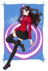 Rule 34 | 00s, 1girl, black hair, black thighhighs, blue eyes, cross, daizan (mount position), fate/stay night, fate (series), legs, long hair, long legs, looking at viewer, pleated skirt, skirt, solo, thighhighs, tohsaka rin, turtleneck, two side up