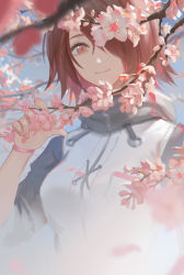 Rule 34 | 1girl, absurdres, arknights, cherry blossoms, commentary request, exusiai (arknights), hair over one eye, hand up, highres, jacket, jiam009, looking at viewer, raglan sleeves, red eyes, red hair, short hair, smile, solo, upper body, white jacket