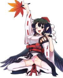 Rule 34 | 1girl, ;d, alternate costume, arm up, black hair, black wings, blush, breasts, cellphone, commentary request, eighth note, feathered wings, geta, gluteal fold, hand fan, hat, heart, highres, holding, holding fan, holding microphone, kourindou tengu costume, large breasts, leaf fan, long sleeves, looking at viewer, microphone, musical note, nail polish, obi, one eye closed, open mouth, orange nails, panties, pelvic curtain, phone, pink panties, pointy ears, pom pom (clothes), red eyes, red footwear, red hair, red neckwear, red sash, ribbon, ribbon-trimmed sleeves, ribbon trim, sash, shadow, shameimaru aya, short hair, sidelocks, simple background, smile, solo, spread legs, sweat, tada no nasu, tassel, tengu-geta, thighhighs, thighs, tokin hat, touhou, underwear, white background, white thighhighs, wide sleeves, wings