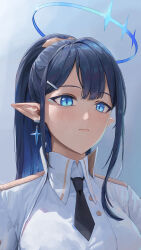 Rule 34 | 1girl, black hair, black necktie, blue archive, blue eyes, blue hair, blue halo, closed mouth, coat, collared dress, colored inner hair, dress, earrings, halo, highres, jewelry, long hair, looking at viewer, multicolored hair, naxile, necktie, no eyewear, pointy ears, ponytail, rin (blue archive), solo, upper body, white coat