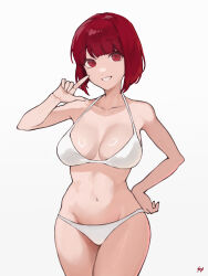 Rule 34 | 1girl, arima kana, bikini, breasts, cleavage, collarbone, dot nose, fukuya art, grin, hand on own hip, highres, large breasts, medium hair, navel, oshi no ko, pointing, pointing at self, red eyes, red hair, smile, swimsuit, white bikini