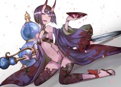 Rule 34 | 1girl, breasts, cup, fate/grand order, fate (series), holding, holding cup, horns, japanese clothes, kimono, looking at viewer, navel, oni, open mouth, petals, purple eyes, purple hair, sakazuki, sandals, sanshouuo, short hair, shuten douji (fate), sitting, skin-covered horns, small breasts, smile, solo, sword, wariza, weapon