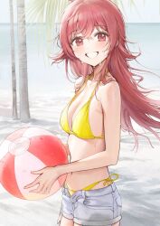 Rule 34 | 1girl, ame (uten cancel), ball, bare arms, bare shoulders, beachball, bikini, blush, breasts, cleavage, collarbone, commentary request, highres, holding, holding ball, holding beachball, idolmaster, idolmaster shiny colors, komiya kaho, long hair, looking at viewer, medium breasts, navel, outdoors, red eyes, red hair, short shorts, shorts, smile, solo, swimsuit, tree, water, wet, yellow bikini