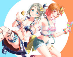 Rule 34 | bare shoulders, bikini, blue eyes, blush, breasts, cleavage, highres, looking at viewer, love live!, love live! sunshine!!, multiple girls, open mouth, short hair, shorts, simple background, skirt, swimsuit, takami chika, thighs, toine, watanabe you