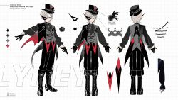 1boy black_footwear black_gloves black_hat black_pants black_shirt boots genshin_impact gloves grey_hair grey_vest hat highres lyney_(genshin_impact) male_focus mint-tan multiple_views pants purple_eyes shirt short_hair standing top_hat vest white_background