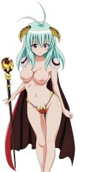 Rule 34 | 1girl, blush, breasts, female focus, green hair, highres, legs, long hair, nipples, nude filter, run elsie jewelria, simple background, solo, staff, tagme, thighs, third-party edit, to love-ru