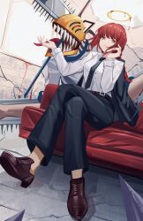 Rule 34 | 1girl, absurdres, black footwear, black necktie, black pants, braid, chainsaw man, commentary request, crossed legs, gay domination, halo, highres, long hair, long sleeves, luai, makima (chainsaw man), necktie, pants, red hair, shirt, shoes, sitting, white shirt, yellow eyes
