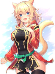 Rule 34 | 1girl, :d, animal ears, bad id, bad pixiv id, black thighhighs, blonde hair, blue eyes, cat ears, cat tail, eyes visible through hair, facial mark, final fantasy, final fantasy xiv, hand on own chest, highres, long hair, long sleeves, looking at viewer, miqo&#039;te, mutsuba fumi, no panties, open mouth, pelvic curtain, sash, smile, solo, tail, thighhighs, whisker markings, wide sleeves