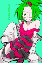 Rule 34 | 1girl, bags under eyes, black skirt, blue background, breasts, eyepatch, female focus, green eyes, green hair, highres, itoshiki eru, monster parade, original, simple background, skirt, sleeves past wrists, small breasts, smile, solo, strap slip, striped clothes, striped thighhighs, thighhighs, topknot