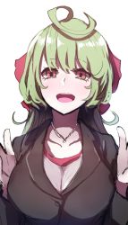 Rule 34 | 1girl, :d, absurdres, ahoge, bad id, bad twitter id, black jacket, blush, breasts, collarbone, commentary request, green hair, hair between eyes, hair ribbon, hands up, highres, jacket, jewelry, large breasts, long hair, long sleeves, looking at viewer, necklace, open mouth, original, pink eyes, red ribbon, ribbon, shirt, simple background, smile, solo, wada kazu, white background, white shirt