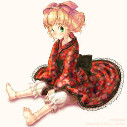 Rule 34 | 00s, 1girl, alternate costume, barefoot, blonde hair, bloomers, bow, feet, hinaichigo, japanese clothes, pink bow, pomo rosso, rozen maiden, solo, underwear, white bloomers