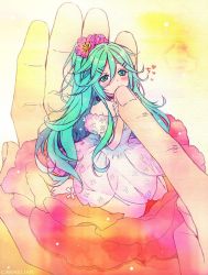 Rule 34 | 1girl, artist name, barefoot, blush, carnelian, commentary request, dress, finger kiss, flower, green eyes, green hair, hair between eyes, hair flower, hair ornament, hairclip, heart, holding finger, in palm, kantai collection, long hair, mini person, minigirl, pink dress, pov, pov hands, very long hair, yamakaze (kancolle)