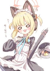 Rule 34 | 1girl, absurdres, animal ear headphones, animal ears, apron, black dress, blonde hair, blue archive, blush, dress, emimeku, fake animal ears, flying sweatdrops, food, halo, headphones, highres, holding, holding plate, long sleeves, maid, maid headdress, momoi (blue archive), momoi (maid) (blue archive), official alternate costume, open mouth, pink halo, plate, pudding, short hair, simple background, solo, white apron, white background