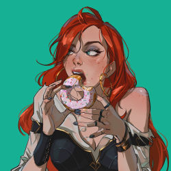 Rule 34 | 1girl, black nails, bracelet, breasts, cleavage, doughnut, earrings, eating, food, freckles, green background, highres, hoop earrings, jewelry, large breasts, league of legends, long hair, messy hair, miss fortune (league of legends), nail polish, no headwear, qi mang (qimang), red hair, ring, sideways glance, simple background, solo, tattoo, teeth, torn clothes, upper teeth only