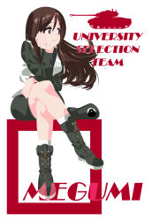 Rule 34 | 1girl, beret, black footwear, black hat, black jacket, black skirt, blue eyes, boots, brown hair, character name, closed mouth, commentary request, cross-laced footwear, crossed legs, dress shirt, emblem, english text, girls und panzer, hat, head rest, highres, inou takashi, jacket, japanese tankery league (emblem), lace-up boots, light frown, long hair, long sleeves, looking to the side, m26 pershing, megumi (girls und panzer), military, military hat, military uniform, military vehicle, miniskirt, motor vehicle, pencil skirt, selection university military uniform, shirt, sitting, skirt, socks, solo, square, tank, uniform, unworn hat, unworn headwear, white background, white shirt, white socks, wind