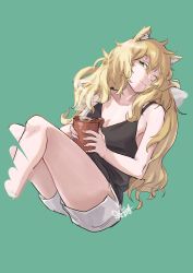 Rule 34 | 1girl, animal ears, arknights, bare arms, bare shoulders, black tank top, blonde hair, commentary, cup, female focus, green background, green eyes, hair between eyes, highres, holding, holding cup, long hair, looking at viewer, messy hair, mug, one eye closed, peppsi (saba sabasuk0), short shorts, shorts, simple background, solo, swire (arknights), tank top, thighs, tiger ears, very long hair, white shorts