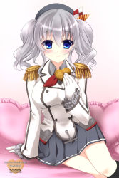 Rule 34 | 10s, 1girl, absurdres, beret, blue eyes, character name, copyright name, cracker, epaulettes, food, frilled pillow, frills, hat, heart, heart-shaped pillow, highres, holding, kantai collection, kashima (kancolle), kayurayuka, long hair, looking at viewer, pillow, pleated skirt, silver hair, sitting, skirt, smile, solo, twintails