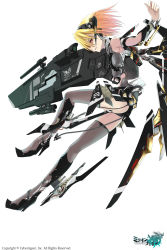 Rule 34 | 1girl, arm up, bad id, bad pixiv id, bare shoulders, blonde hair, boots, detached sleeves, garter straps, gun, hairband, highres, kawanakajima, machinery, mecha musume, mechanical wings, million chain, navel, official art, original, red eyes, revealing clothes, short hair, shorts, simple background, solo, thighhighs, weapon, white background, wings, zettai ryouiki