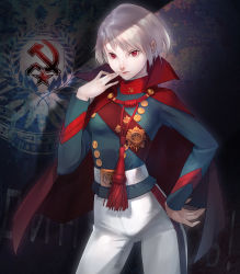 Rule 34 | 1girl, albino, asa (y-asa), cape, communism, finger to mouth, hammer and sickle, hand on own hip, military, military uniform, original, red eyes, revision, russian text, short twintails, silver hair, solo, soviet, twintails, uniform