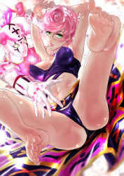 Rule 34 | 1girl, arms up, barefoot, breasts, choker, feet, foot focus, green eyes, highres, jojo no kimyou na bouken, midriff, navel, pink hair, short hair, skirt, soles, spice girl (stand), spread legs, stand (jojo), thighs, toes, trish una, uenoryoma, vento aureo
