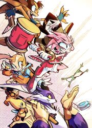 Rule 34 | 1boy, 3girls, aged up, amy rose, animal, animal ears, animal nose, big the cat, boomerang, boots, brown eyes, chao (sonic), cheese (sonic), commentary, cream the rabbit, dress, english commentary, fingerless gloves, frog, froggy (sonic), furry, furry female, furry male, gloves, green eyes, grin, hammer, highres, holding, holding hammer, hood, hood down, hoodie, jacket, long sleeves, multiple girls, open mouth, orange hoodie, toy hammer, rat riot, red dress, red footwear, shoes, simple background, smile, sonic (series), sticks the badger, teeth, white background, white gloves, yellow eyes, yo-yo