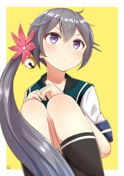 Rule 34 | &gt;:|, 10s, 1girl, :|, akebono (kancolle), asymmetrical hair, bell, black socks, blush, body blush, border, closed mouth, commentary request, expressionless, flower, hair bell, hair flower, hair ornament, highres, jingle bell, kantai collection, kneehighs, knees up, legs together, long hair, looking up, nayuhi (yukimuu14), outside border, own hands together, purple eyes, purple hair, red flower, sailor collar, school uniform, serafuku, shirt, short sleeves, side ponytail, simple background, sitting, sleeve cuffs, socks, solo, v-shaped eyebrows, very long hair, w arms, white border, white shirt, yellow background