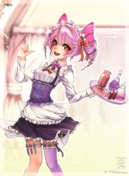 Rule 34 | + +, 1girl, alternate costume, apron, blush, drill hair, enmaided, frills, highres, katia (shironeko project), looking at viewer, maid, pink hair, shironeko project, smile, solo, twin drills, unier