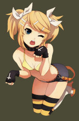 Rule 34 | 1girl, absurdres, bare shoulders, belt, bikini, bikini top only, blonde hair, blue eyes, boots, bow, breasts, brs, caee penguin, collar, cross, fingerless gloves, full body, gloves, hair bow, hair ornament, hairclip, high heels, highres, kagamine rin, navel, one eye closed, open mouth, paw pose, shoes, short hair, shorts, simple background, small breasts, solo, striped clothes, striped thighhighs, swimsuit, thighhighs, twintails, vocaloid, wink