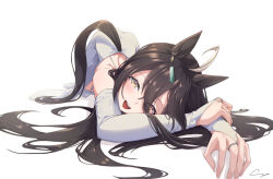 Rule 34 | 1girl, :d, ahoge, animal ear piercing, black hair, ci4, commentary request, detached sleeves, dress, earrings, hair between eyes, highres, horse girl, horse tail, jewelry, long hair, looking at viewer, lying, manhattan cafe (umamusume), open mouth, ring, signature, simple background, smile, solo, tail, umamusume, very long hair, white background, white dress, yellow eyes