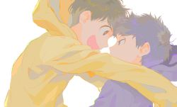 Rule 34 | 2boys, :d, backlighting, bloom, brothers, brown hair, close-up, covered mouth, eye contact, face-to-face, glomp, half-closed eyes, happy, hood, hood up, hoodie, hug, long sleeves, looking at another, male focus, matsuno ichimatsu, matsuno jyushimatsu, multiple boys, open mouth, osomatsu-kun, osomatsu-san, osomatsu (series), outstretched arms, pale color, purple eyes, purple hoodie, qqmng, siblings, sideways mouth, simple background, smile, upper body, white background, yellow hoodie