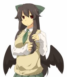Rule 34 | 1girl, alternate costume, black hair, bow, breasts, contemporary, eiri (eirri), expressionless, female focus, large breasts, long hair, long sleeves, low wings, necktie, playing with hair, red eyes, reiuji utsuho, school uniform, simple background, skirt, solo, sweater vest, touhou, white background, wings