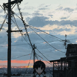 Rule 34 | 1girl, absurdres, antennae, black eyes, black hair, building, city, cloud, collared shirt, highres, house, looking at viewer, morning, original, outdoors, power lines, scenery, shirt, short hair, short twintails, sky, solo, sunrise, twintails, uniunimikan, upper body, utility pole, white shirt