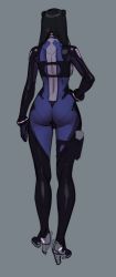 Rule 34 | 1girl, ass, black gloves, black hair, bodysuit, commentary, english commentary, from behind, gloves, grey background, hand on own hip, high heels, highres, holster, long hair, original, simple background, sketch, solo, tarakanovich, thigh holster, yuna (tarakanovich)