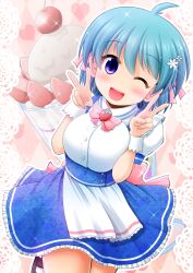 Rule 34 | 1girl, :d, apron, back bow, blue hair, blush, bow, bowtie, breasts, brooch, cherry, collared dress, double v, dress, flower, food, frilled dress, frills, fruit, hair flower, hair ornament, hair ribbon, heart, heart brooch, highres, ice cream, jewelry, large breasts, looking at viewer, mary janes, minami shinju, one eye closed, open mouth, original, parfait, purple eyes, ribbon, shoes, short hair, short sleeves, smile, socks, solo, sparkle, standing, standing on one leg, strawberry, v, wrist cuffs