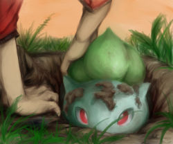 Rule 34 | 1990s (style), 1boy, arm support, bulbasaur, creatures (company), digging, dirt, game freak, gen 1 pokemon, geregere (lantern), grass, harvesting, hole, looking at viewer, mud, nintendo, on ground, out of frame, plant, pokemon, pokemon (creature), pokemon rgby, red eyes, retro artstyle, solo focus