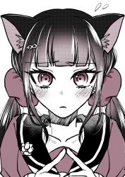 Rule 34 | 1girl, absurdres, animal ears, blush, bow, cat ears, collarbone, commentary request, danganronpa (series), danganronpa v3: killing harmony, fingers together, flying sweatdrops, frown, hair bow, hair ornament, hair scrunchie, harukawa maki, highres, index finger raised, long hair, looking at viewer, mole, mole under eye, monochrome, portrait, sailor collar, satori (aosky9077), scrunchie, simple background, solo, twintails, white background
