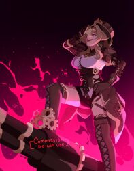 Rule 34 | 1girl, :d, absurdres, arm up, black gloves, black shorts, boots, breasts, brown footwear, brown hair, commentary, commission, cross-laced footwear, english commentary, gears, gloves, hair between eyes, hand on own hip, hat, highres, honkai (series), honkai impact 3rd, juliet sleeves, lace-up boots, long sleeves, looking away, mararu, medium breasts, open mouth, puffy sleeves, purple eyes, shirt, short shorts, shorts, signature, smile, solo, standing, striped clothes, striped headwear, thigh boots, vertical-striped clothes, vertical-striped headwear, vill-v, watermark, white shirt