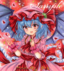 Rule 34 | 1girl, bat wings, blue hair, brooch, dress, embellished costume, frilled dress, frills, hat, jewelry, looking at viewer, marker (medium), mob cap, open mouth, petals, pink dress, pink hat, red eyes, remilia scarlet, rui (sugar3), sample watermark, smile, solo, spread wings, touhou, traditional media, upper body, watermark, wings, wrist cuffs
