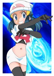 Rule 34 | 1girl, beanie, black gloves, blue eyes, blue hair, boots, cosplay, creatures (company), dawn (pokemon), elbow gloves, game freak, gloves, hainchu, hair ornament, hairclip, hat, highres, jessie (pokemon), jessie (pokemon) (cosplay), looking at viewer, midriff, multicolored background, navel, nintendo, pokemon, pokemon (anime), pokemon dppt (anime), single letter, smile, solo, team rocket, team rocket uniform, thigh boots, thighhighs