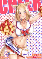 Rule 34 | 1girl, absurdres, animal ears, arm up, armpits, bare arms, bare shoulders, blood, bow, breasts, cheerleader, cleavage, collarbone, commentary request, cowboy shot, crop top, groin, hand up, highres, holding, holding pom poms, horse ears, komb, large breasts, looking at viewer, medium hair, microskirt, midriff, narita top road (umamusume), navel, nice nature (run&amp;win) (umamusume), open mouth, polka dot, polka dot background, pom pom (cheerleading), pom poms, red bow, shirt, skirt, skirt set, sleeveless, sleeveless shirt, solo, standing, stomach, tail, thigh strap, thighs, umamusume, white shirt, white skirt, yellow background