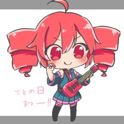Rule 34 | 1girl, ahoge, bare shoulders, black thighhighs, blue shirt, blue skirt, blue sleeves, blush, chibi, detached sleeves, drill hair, electric guitar, full body, guitar, holding, holding instrument, instrument, kasane teto, letterboxed, miniskirt, naboo, pleated skirt, plectrum, red eyes, red hair, shirt, short hair, skirt, sleeveless, sleeveless shirt, smile, solo, standing, thighhighs, translated, twin drills, utau, v-shaped eyebrows, white background
