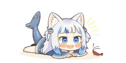 Rule 34 | !, 1girl, :d, absurdres, animal ear fluff, animal ears, blue eyes, blue hair, blunt bangs, blush stickers, cat ears, chibi, commentary, dated commentary, english commentary, fins, fish tail, gawr gura, hair ornament, hairclip, highres, hololive, hololive english, kemonomimi mode, lying, multicolored hair, on stomach, open mouth, same anko, shark tail, sharp teeth, shrimp, simple background, smile, solo, streaked hair, tail, teeth, two-tone hair, two side up, v-shaped eyebrows, virtual youtuber, white background, white hair